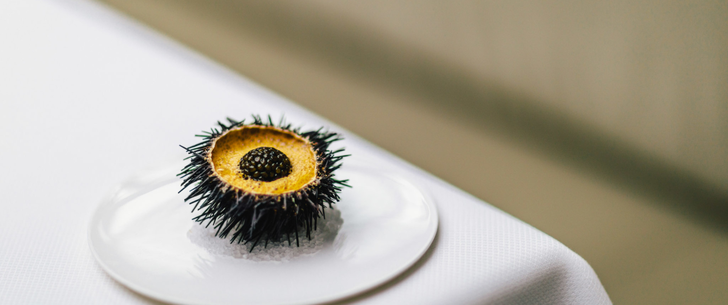 Sea urchin dish at 2 Michelin Star Restaurant Vinkeles, in luxury boutique hotel The Dylan Amsterdam, member of the Leading Hotels of the World. 